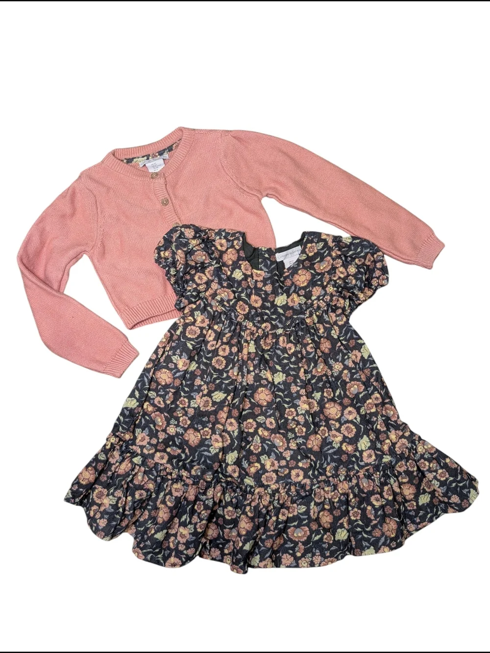 Catherine Malandrino Black Floral Ruffle Sleeve Dress Pink Cardigan Girls 3T